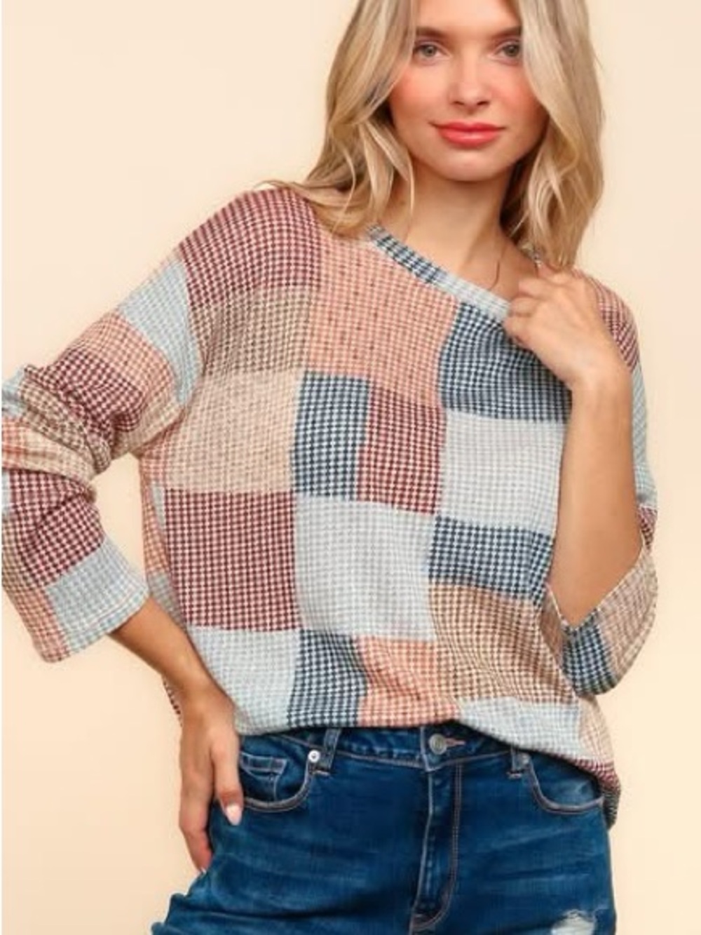 Haptics Patchwork Waffle Knit Crewneck Top in Rust, Dusty Blue & Cream
